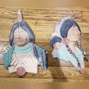 2 SEXTON Native American Indian Chief Man Woman Child Metal Wall Plaque 12" Tall